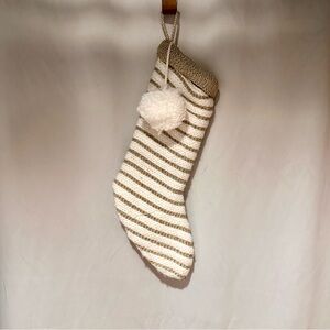Cream Gold Metallic Sweater Knit Christmas Stocking Decoration with Pom Pon 22”H